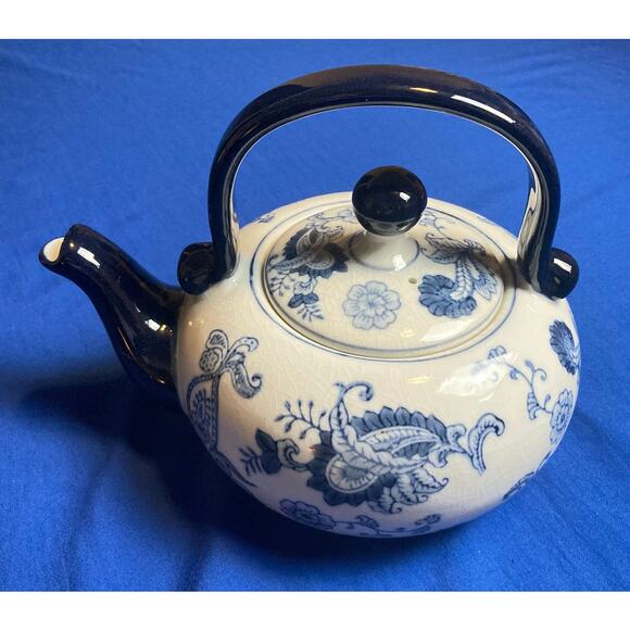 Pier 1 Blue White Floral Teapot with Black Handle Hand Painted Paisley w/ Lid - Picture 3 of 11